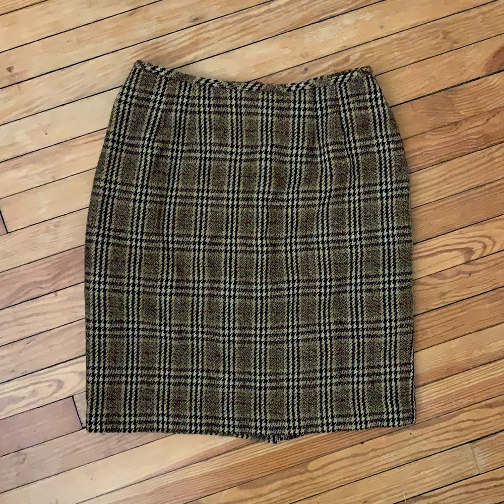 Brown Plaid Wool Pencil Skirt
